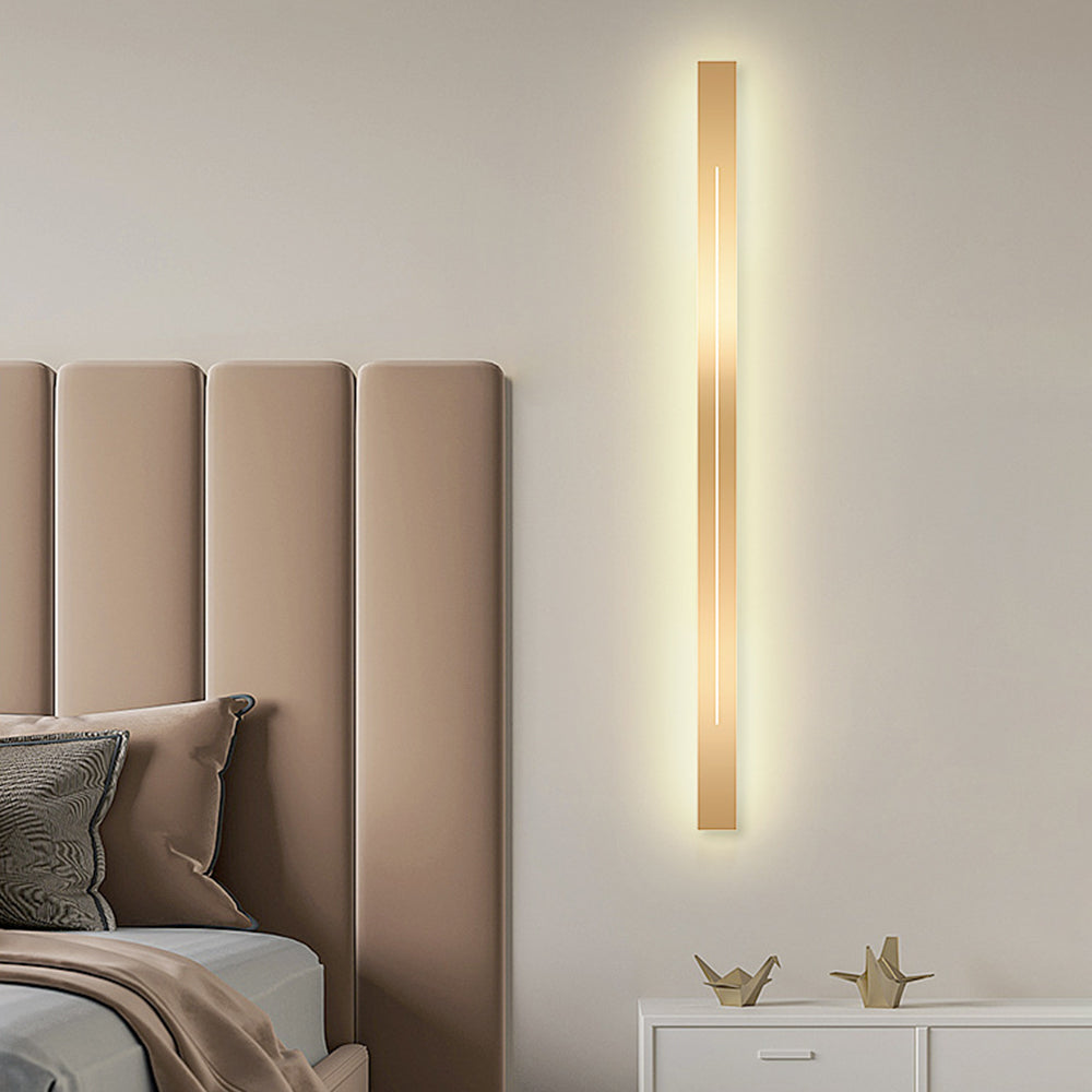 The Beam linear LED wall light, sand-finish gold face on a white body — Selden Home product photography (4)