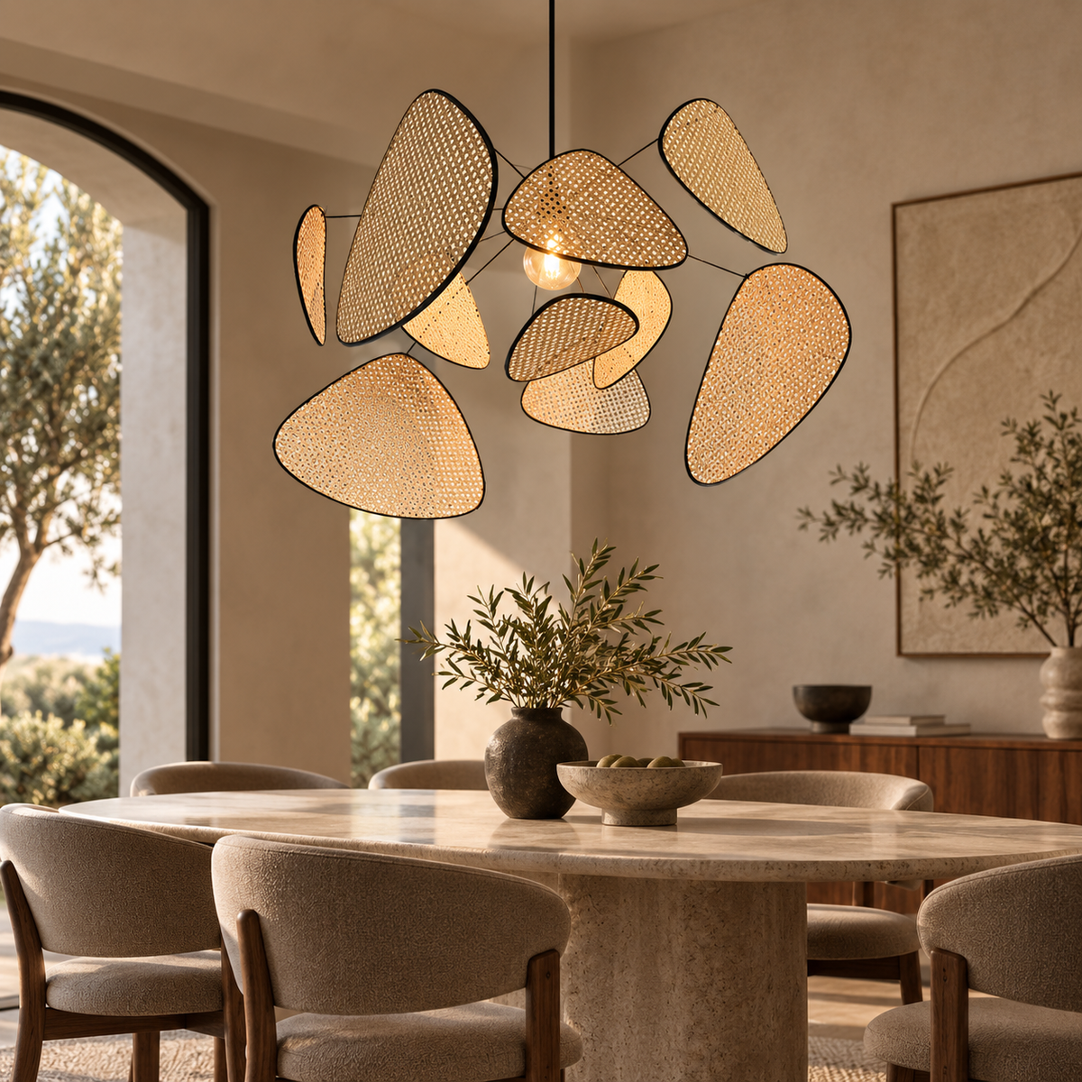 The Orrery Chandelier, a woven rattan cane leaf chandelier, above a round stone dining table