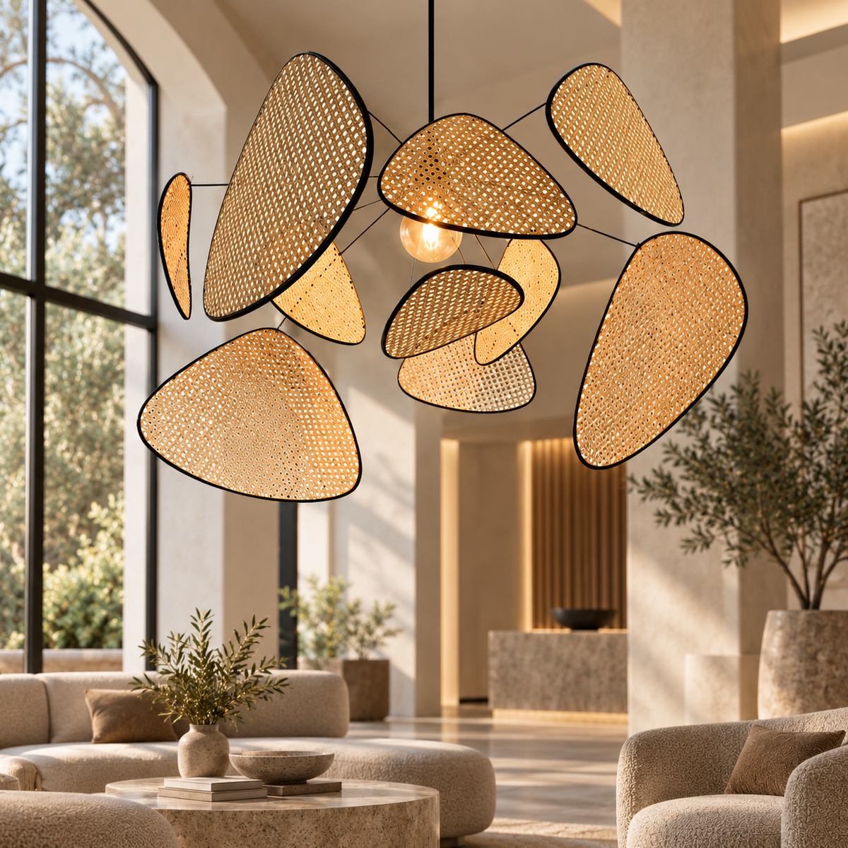 The Orrery Chandelier in an open-plan living room with tall windows