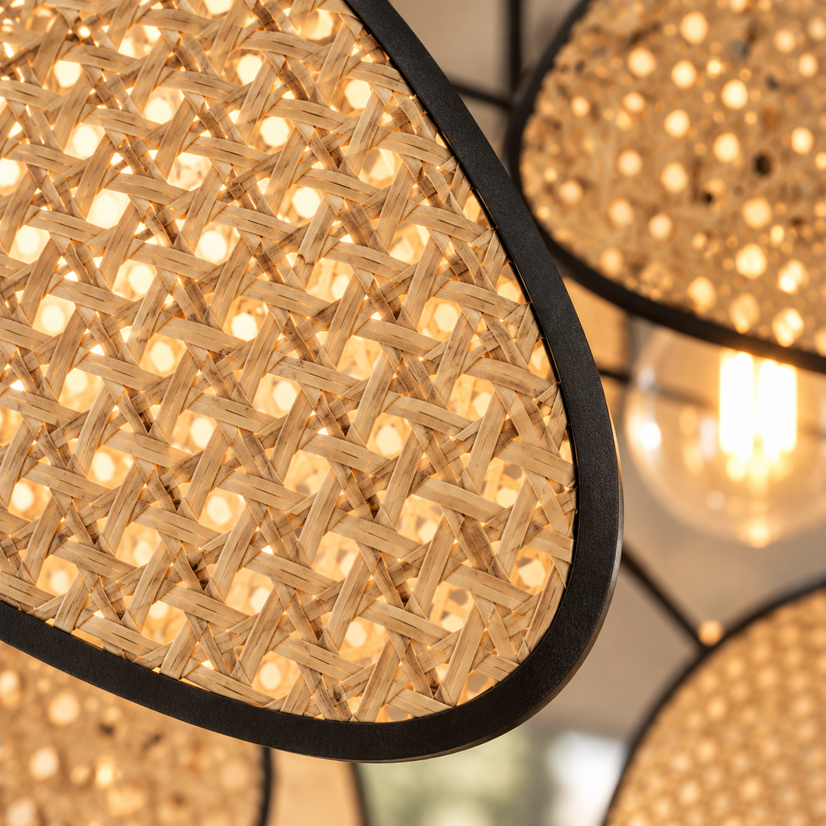 Close-up of the woven rattan cane and black trim on The Orrery Chandelier