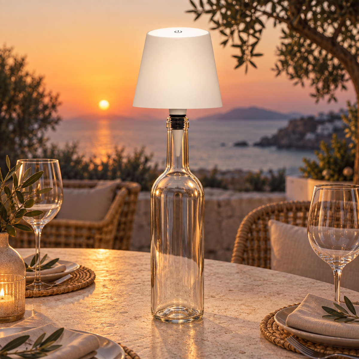 The Vesper in Pearl on a clear glass bottle on a table at sunset