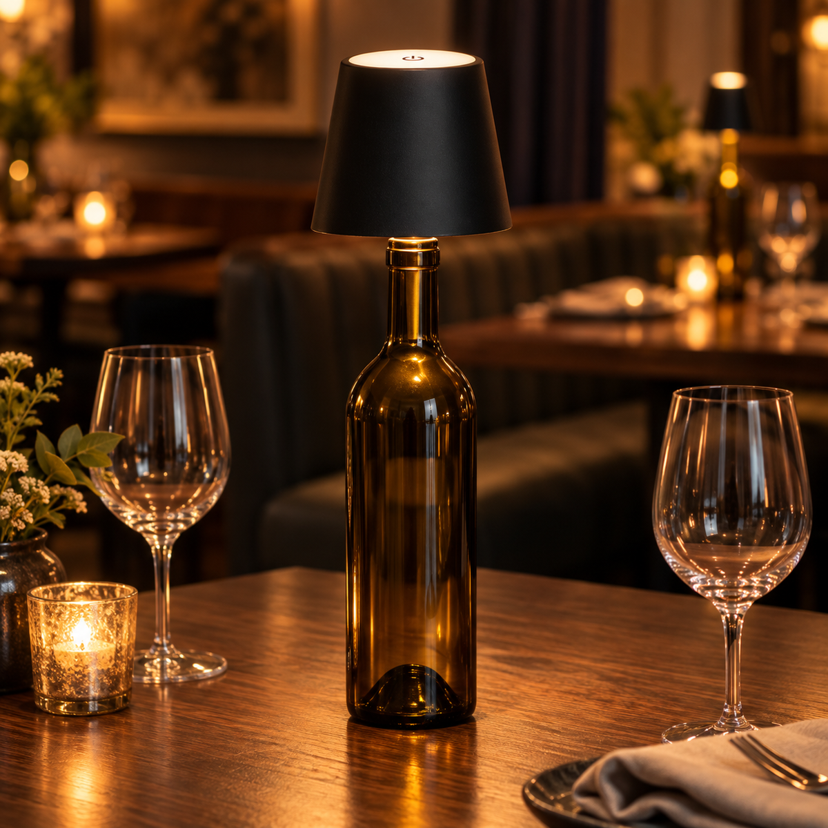 The Vesper in Jet on an amber bottle, lighting a restaurant table