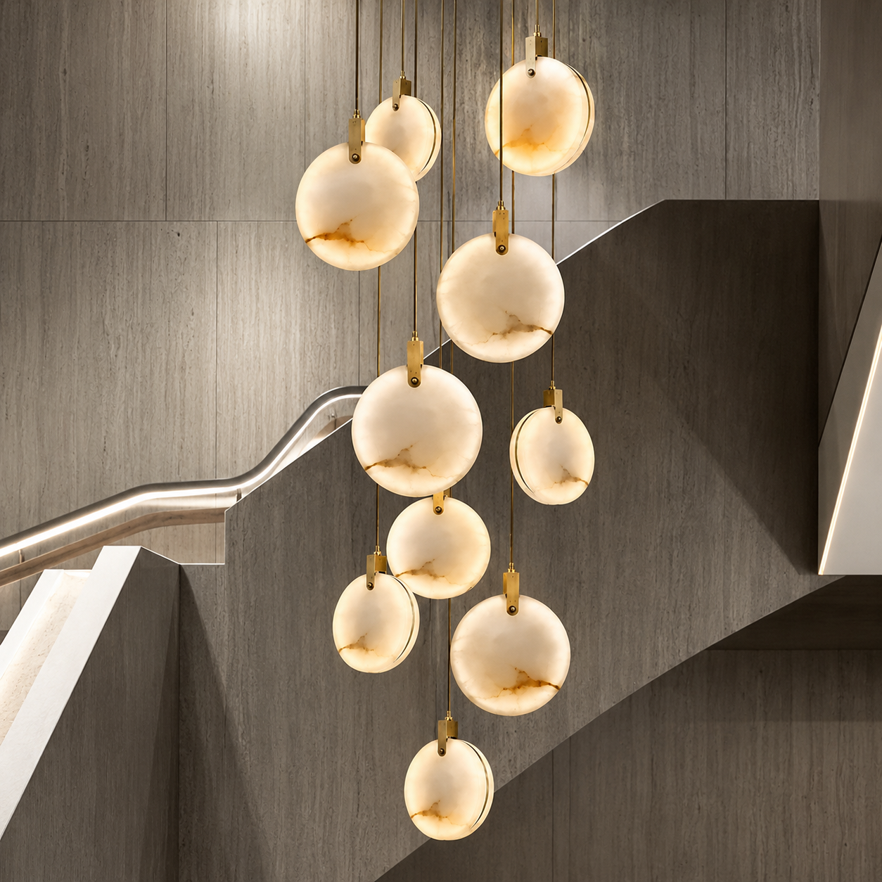 The Cascade alabaster disc chandelier for stairways — Selden Home (7)