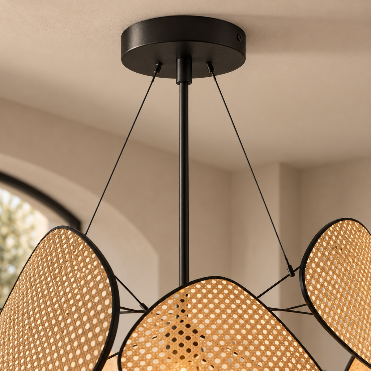 Black ceiling canopy and stem of The Orrery Chandelier