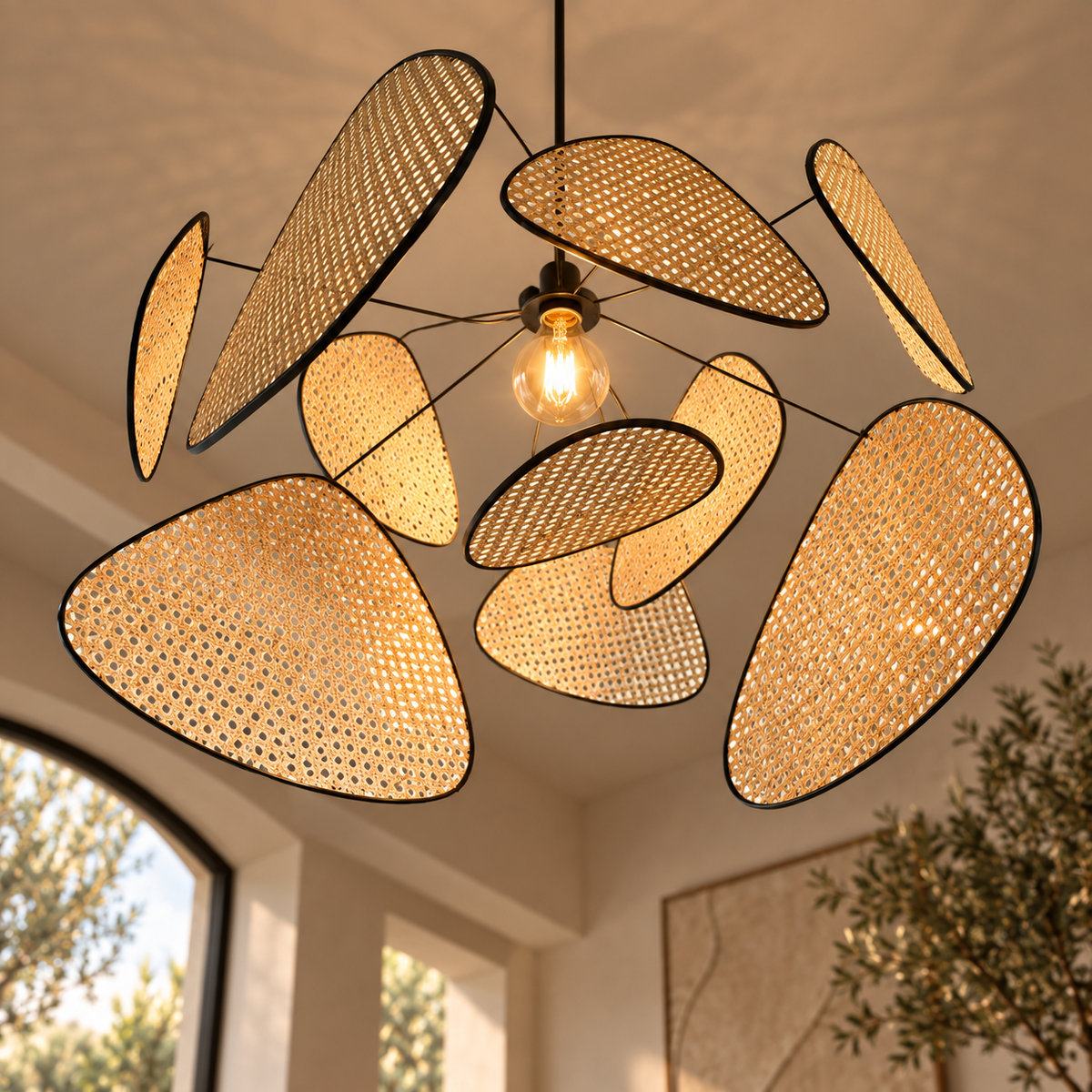 The Orrery Chandelier seen from below, rattan leaves at varied angles