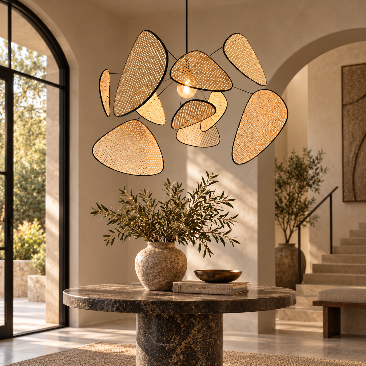 The Orrery rattan chandelier in an entrance hall above a round stone table
