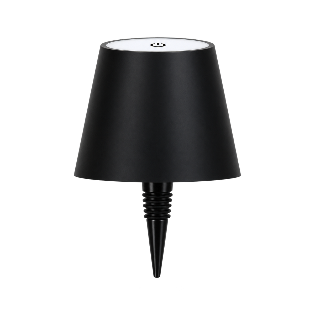 The Vesper cordless bottle lamp head in Jet black with ribbed bottle stopper