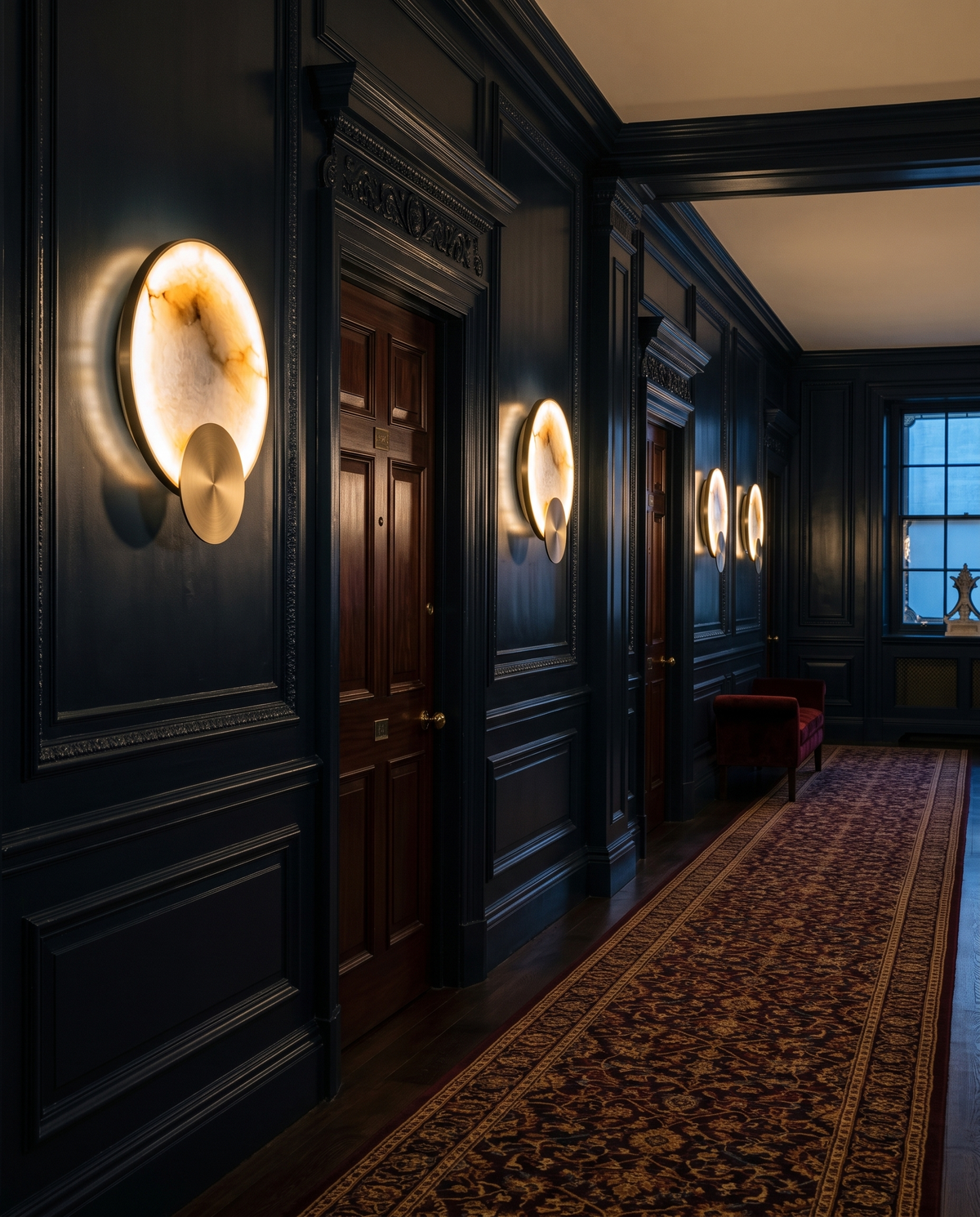 The Eclipse marble wall light – Guest corridor, London hotel