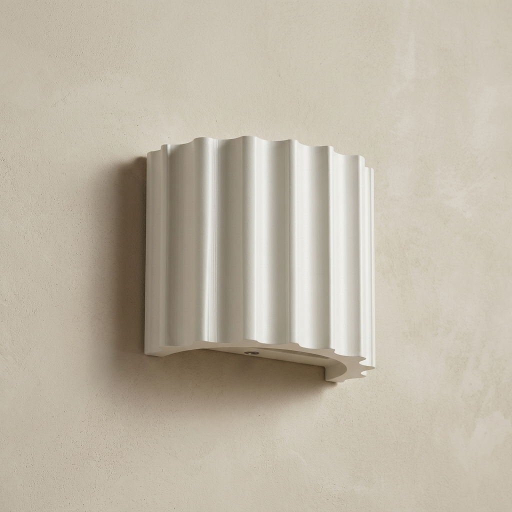 The Pleat, white fluted wall light detail on lime-washed plaster wall — Selden Home product photography