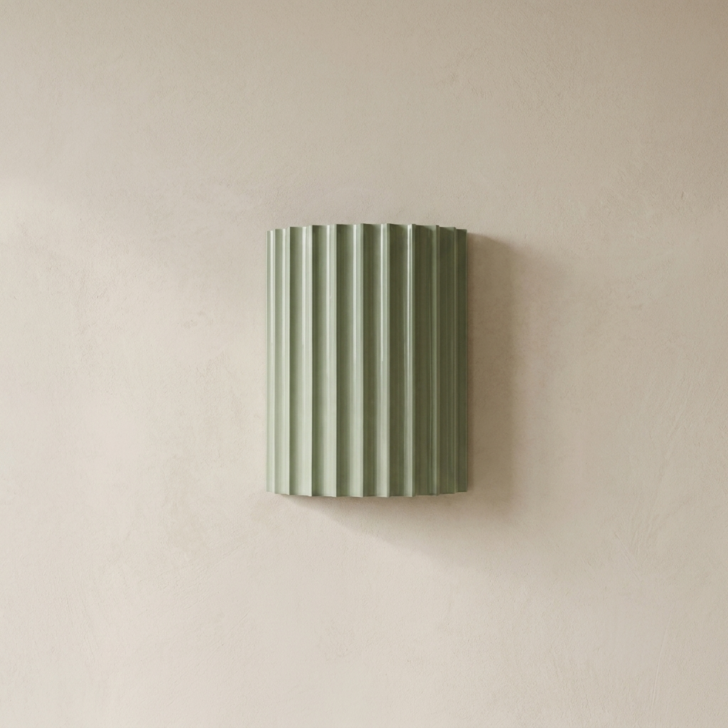 The Pleat, green fluted wall light on lime-washed plaster wall — Selden Home product photography