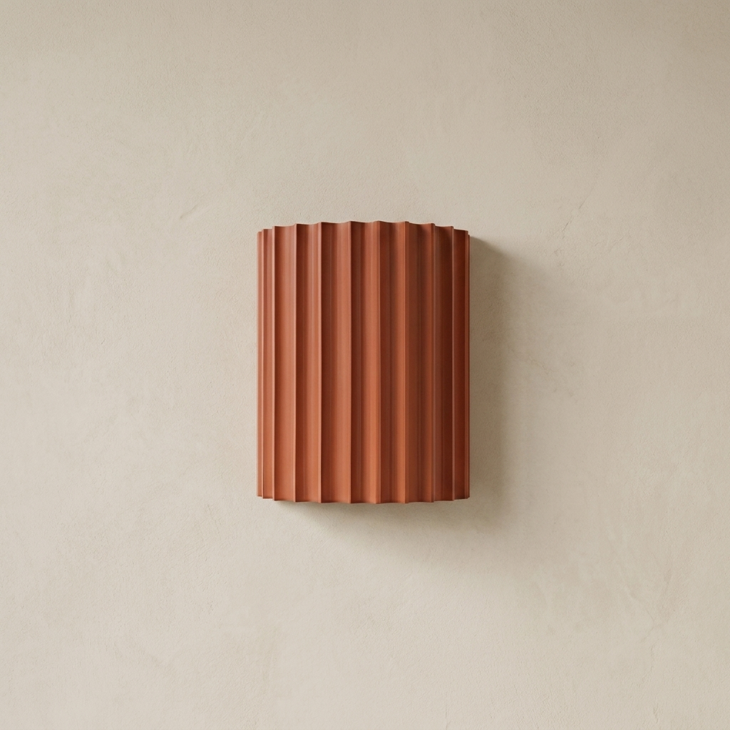 The Pleat, terracotta fluted wall light on lime-washed plaster wall — Selden Home product photography