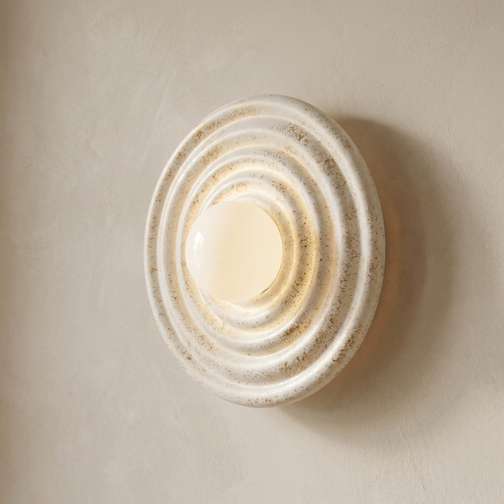 The Heirloom, detail of the antique-white ring texture, lit — Selden Home product photography