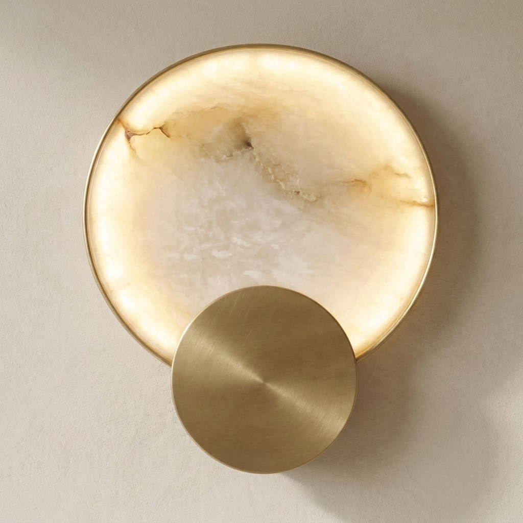 The Eclipse marble wall light with gold ring, lit, on a lime-washed plaster wall — Selden Home product photography