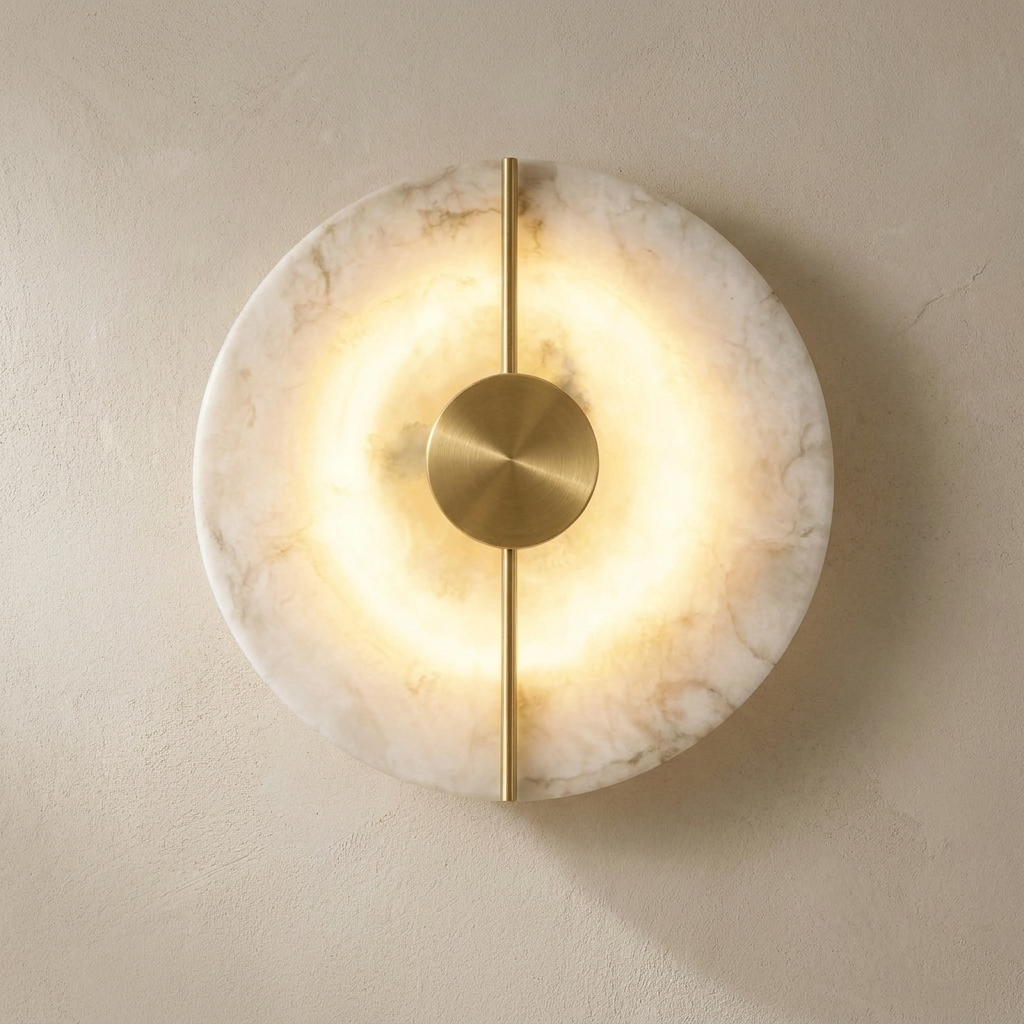 The Meridian marble wall light with gold line, lit, on a lime-washed plaster wall — Selden Home product photography