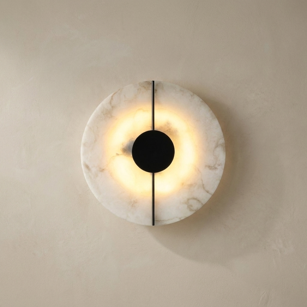 The Meridian marble wall light with black line, lit, on a lime-washed plaster wall — Selden Home product photography