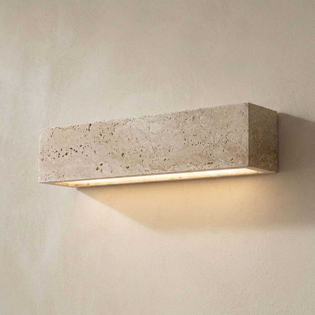 The Monolith close-up detail of travertine texture and grain — Selden Home product photography