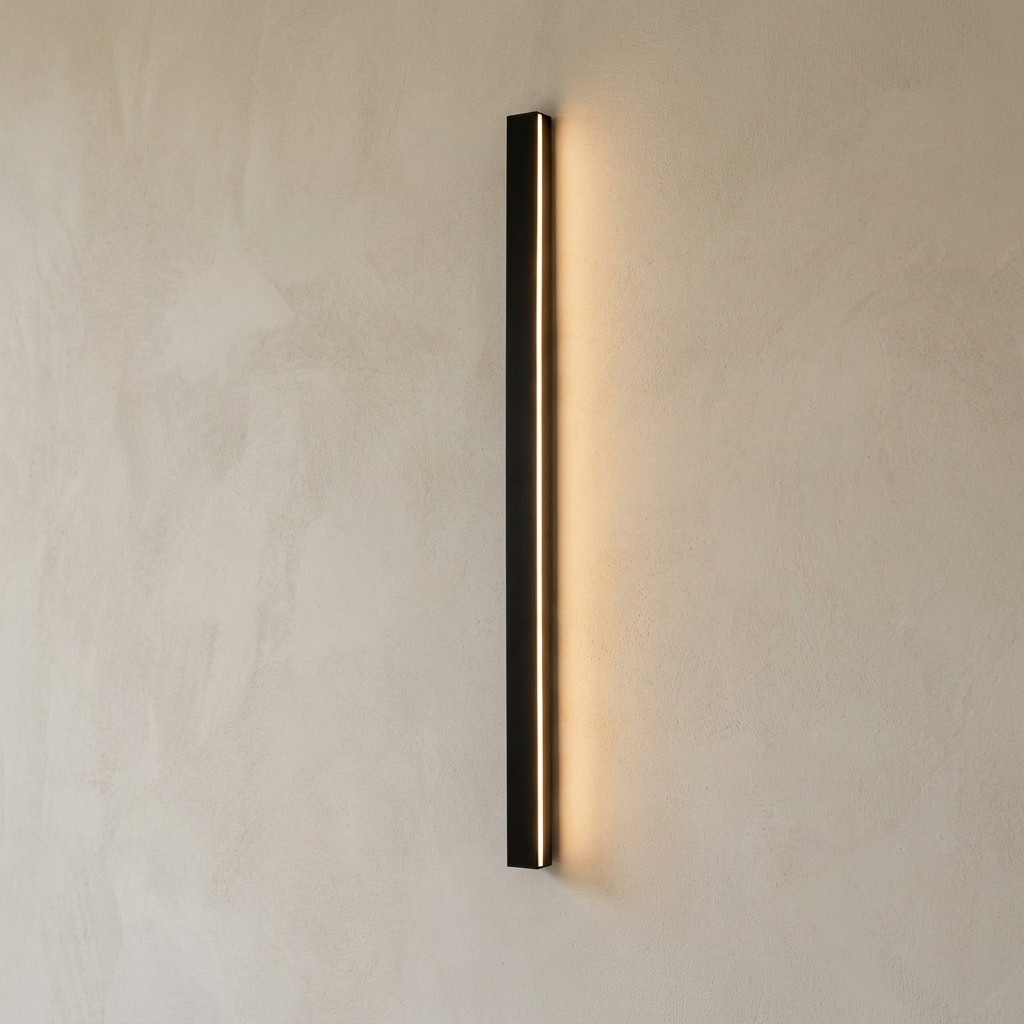 The Beacon black outdoor wall light, lit, on a lime-washed plaster wall — Selden Home product photography