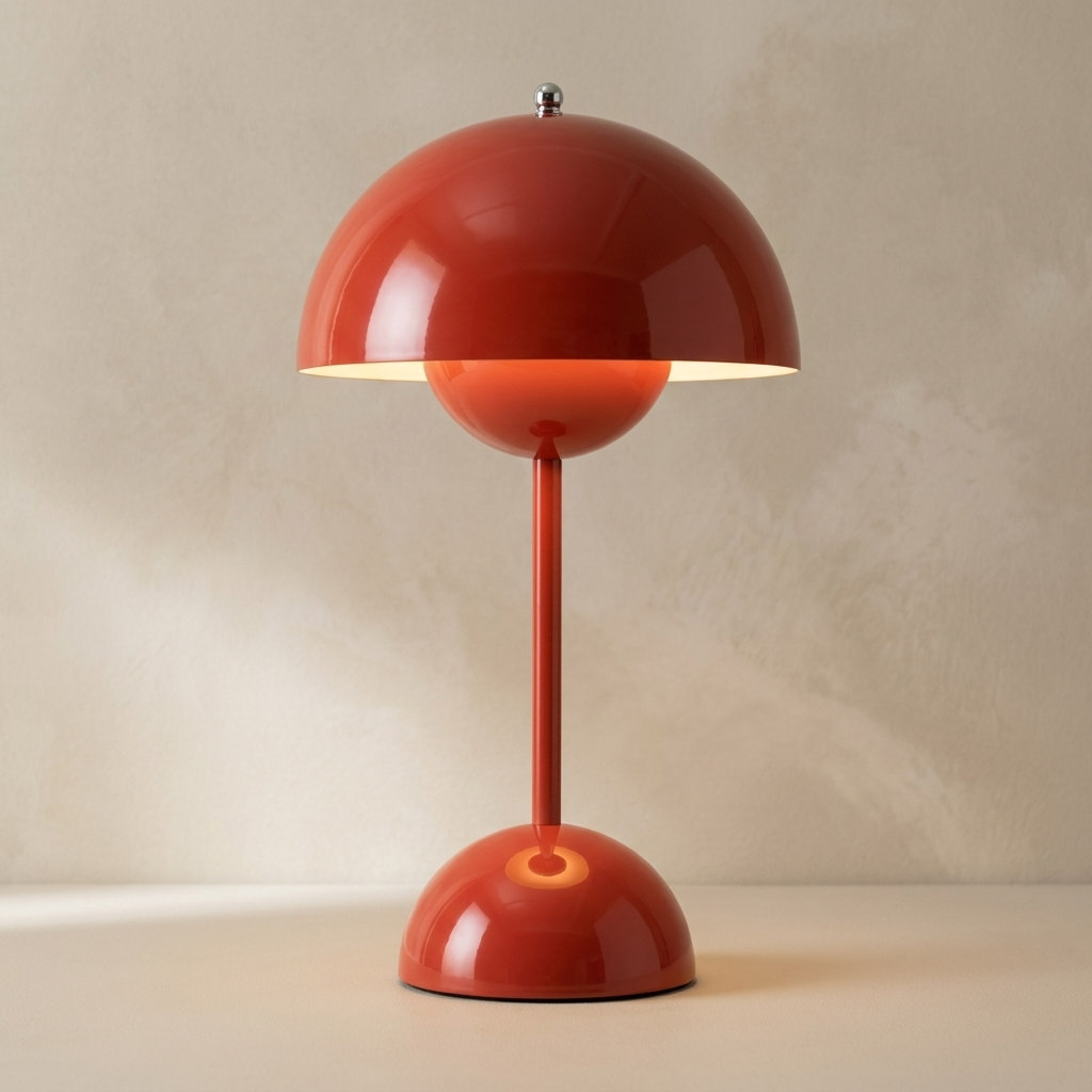 The Nomad red cordless mushroom table lamp, lit, standing on a surface in front of a lime-washed plaster wall — Selden Home product photography