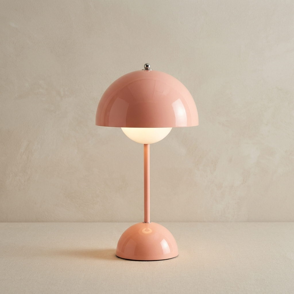 The Nomad pink cordless mushroom table lamp, lit, standing on a surface in front of a lime-washed plaster wall — Selden Home product photography