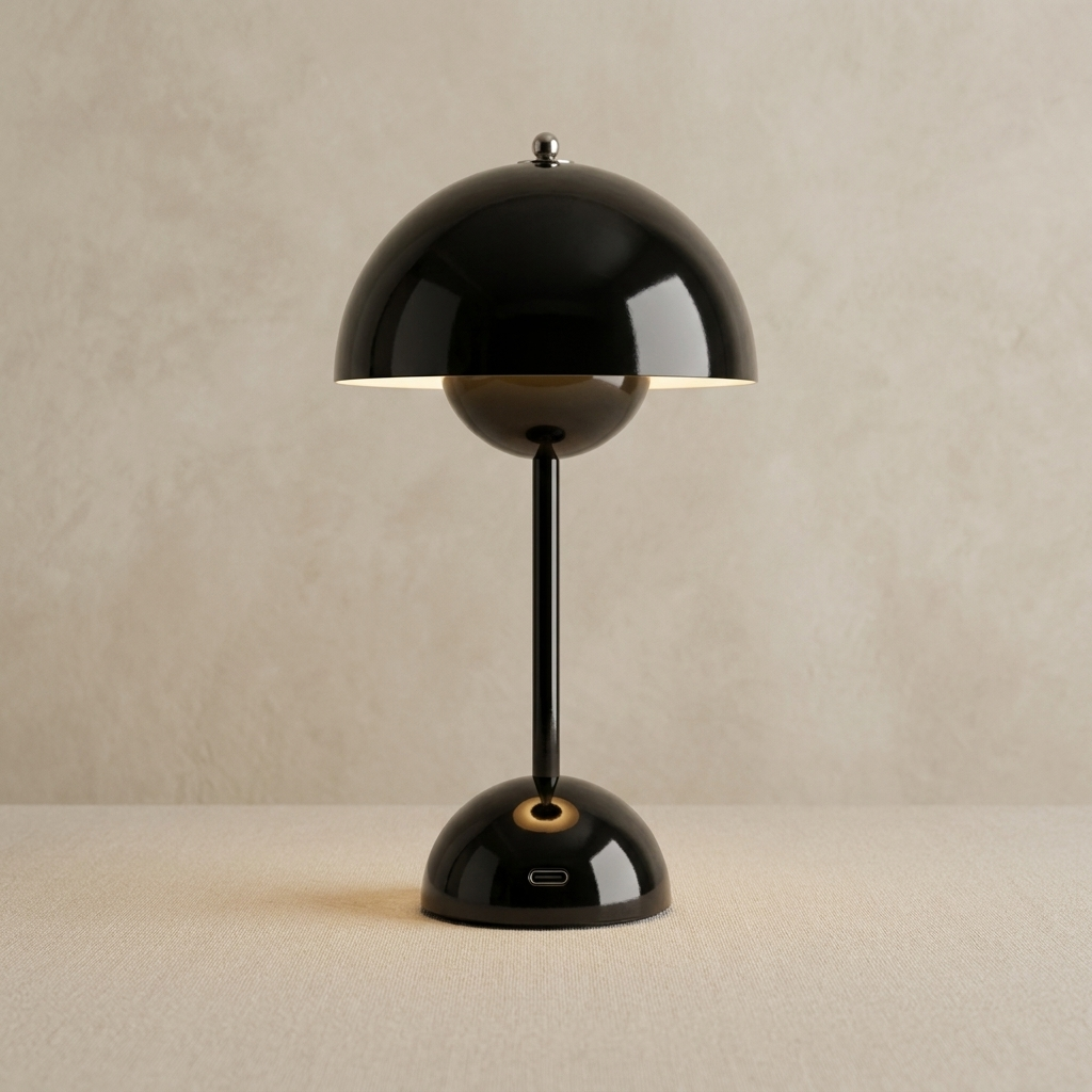 The Nomad black cordless mushroom table lamp, lit, standing on a surface in front of a lime-washed plaster wall — Selden Home product photography