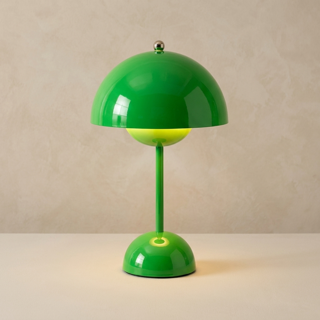 The Nomad green cordless mushroom table lamp, lit, standing on a surface in front of a lime-washed plaster wall — Selden Home product photography