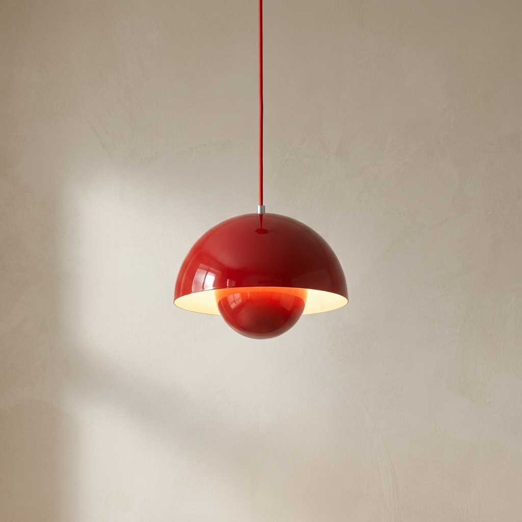 The Bonnet red mushroom pendant light, lit, hanging in front of a lime-washed plaster wall — Selden Home product photography