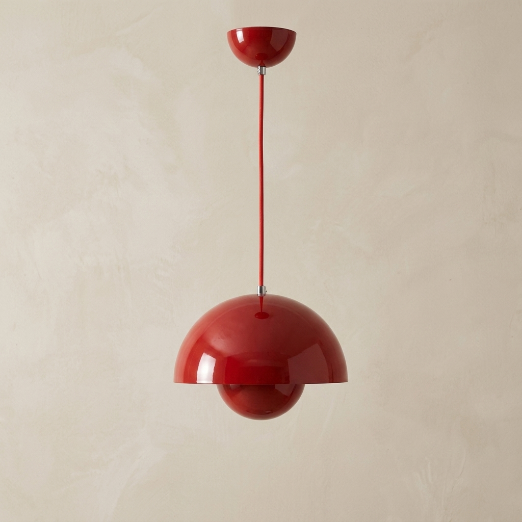 The Bonnet red mushroom pendant light, close-up detail of lacquer finish and canopy — Selden Home product photography