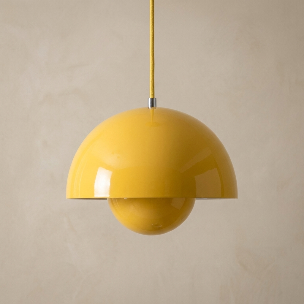 The Bonnet yellow mushroom pendant light, close-up detail of lacquer finish and canopy — Selden Home product photography