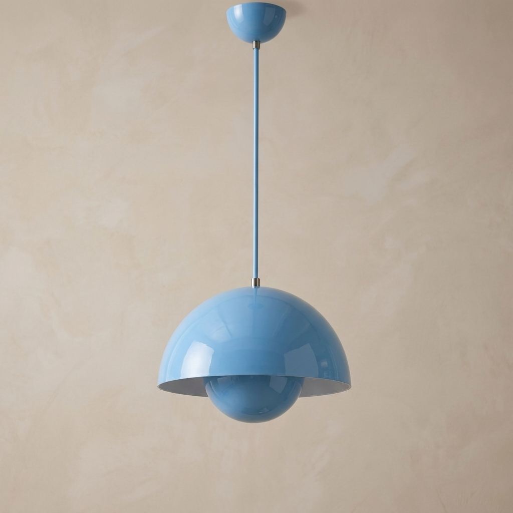The Bonnet blue mushroom pendant light, close-up detail of lacquer finish and canopy — Selden Home product photography