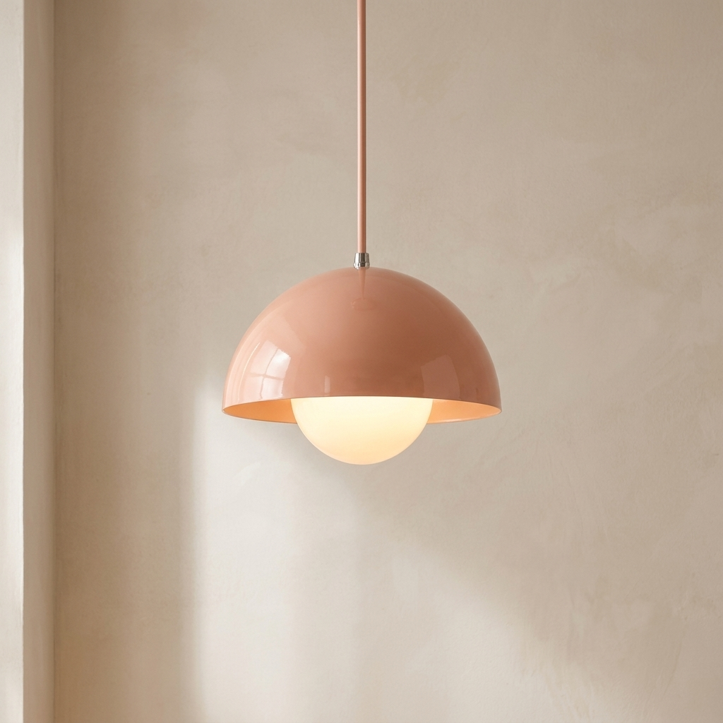 The Bonnet pink mushroom pendant light, lit, hanging in front of a lime-washed plaster wall — Selden Home product photography