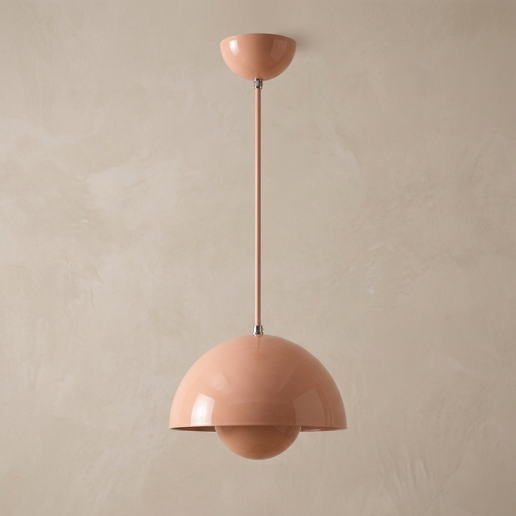 The Bonnet pink mushroom pendant light, close-up detail of lacquer finish and canopy — Selden Home product photography