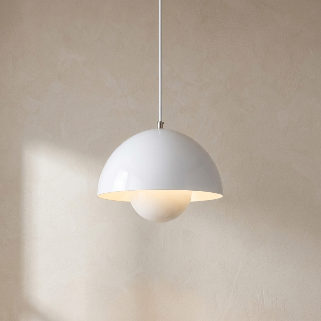 The Bonnet white mushroom pendant light, lit, hanging in front of a lime-washed plaster wall — Selden Home product photography