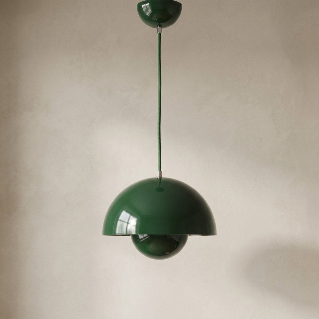 The Bonnet green mushroom pendant light, close-up detail of lacquer finish and canopy — Selden Home product photography