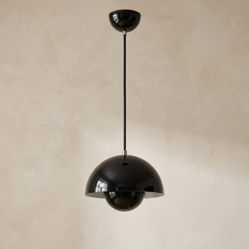 The Bonnet black mushroom pendant light, close-up detail of lacquer finish and canopy — Selden Home product photography