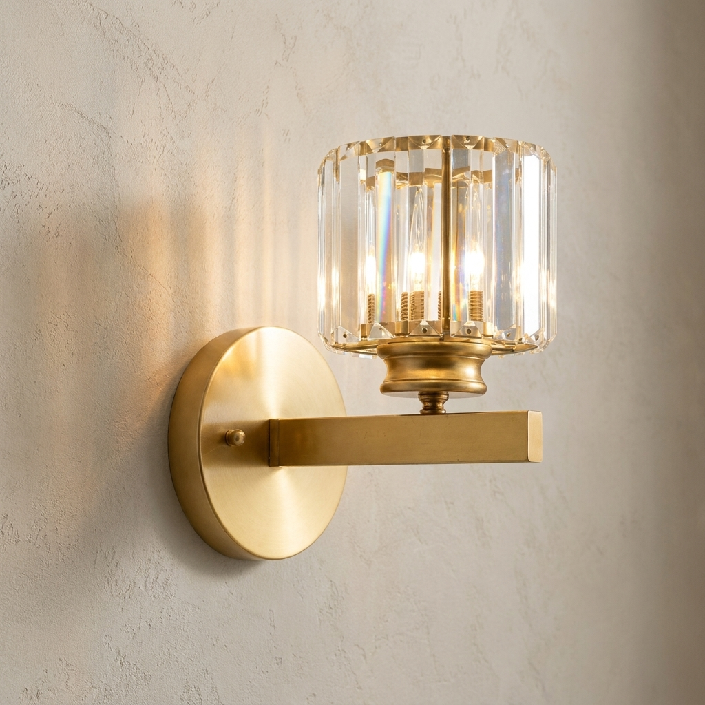 The Prism gold art deco crystal wall sconce, close-up detail of faceted K9 crystal — Selden Home product photography