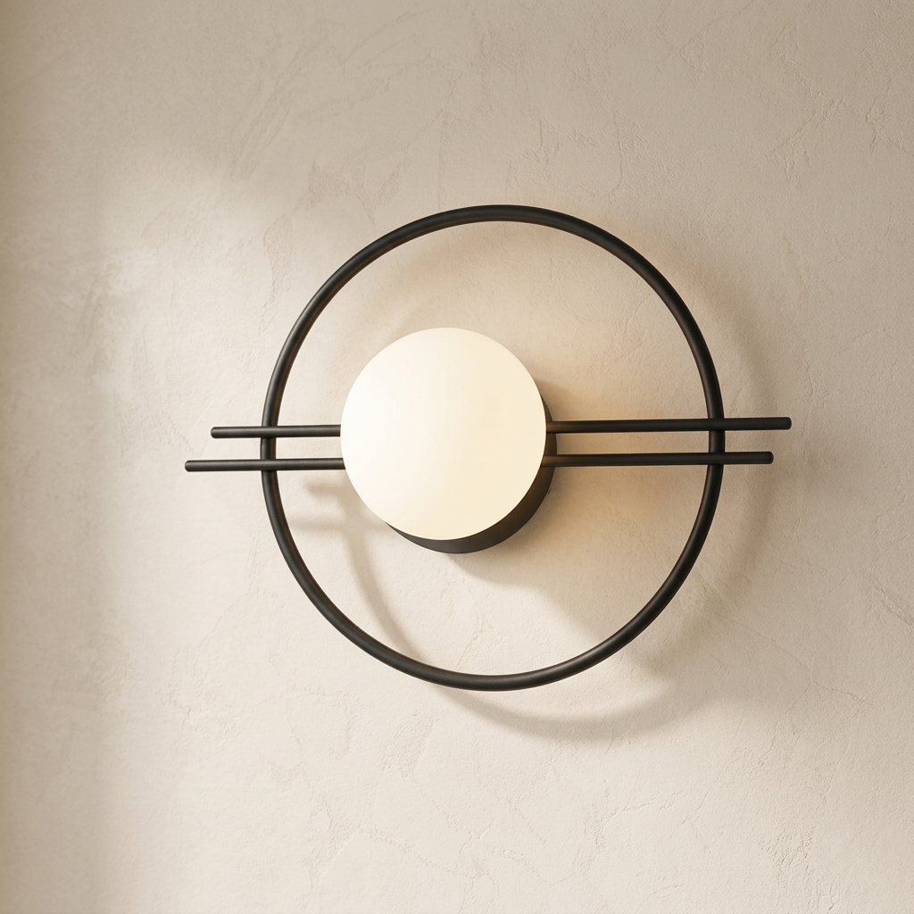 The Ring, black iron wall sconce with frosted opal glass globe, mounted on plaster wall — Selden Home product photography