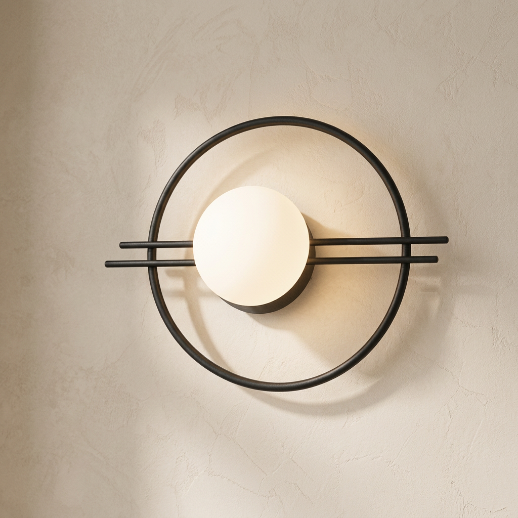 The Ring, close-up of black iron ring frame and frosted opal glass globe texture — Selden Home product photography