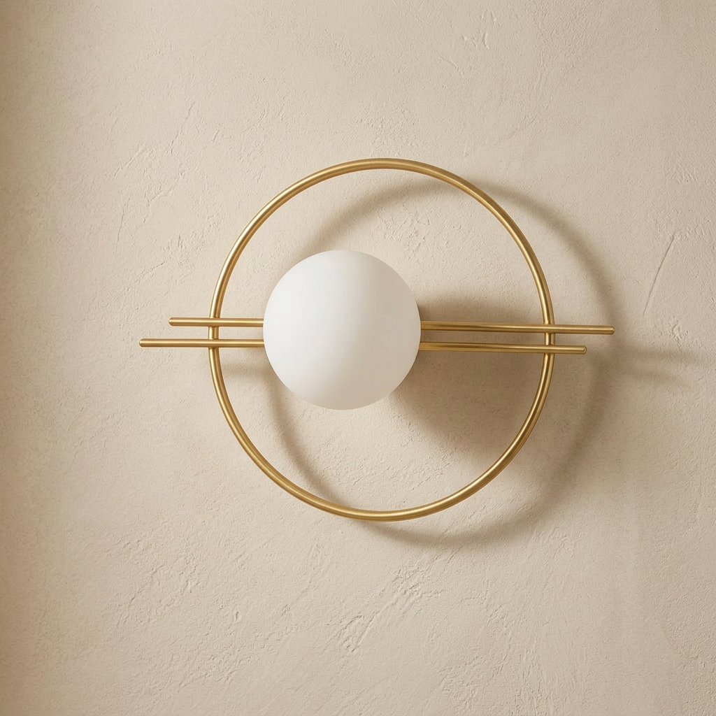 The Ring, close-up of gold ring frame and frosted opal glass globe texture — Selden Home product photography
