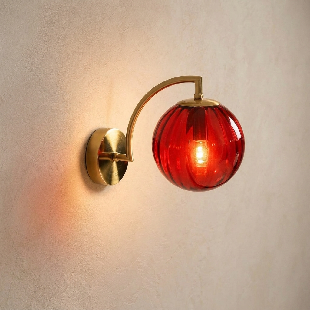 The Bloom, ribbed glass wall sconce, red glass on gold arm, mounted on plaster wall — Selden Home product photography