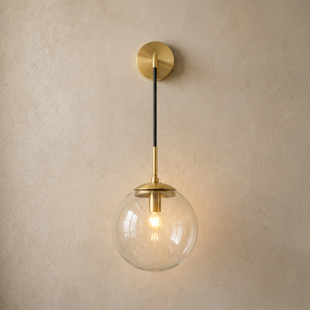 The Lantern, clear glass wall sconce on gold hook arm, mounted on plaster wall — Selden Home product photography