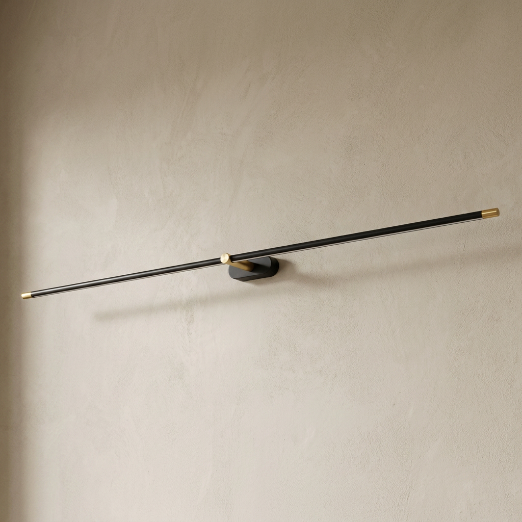 The Baton, black rechargeable linear wall light, mounted on plaster wall — Selden Home product photography