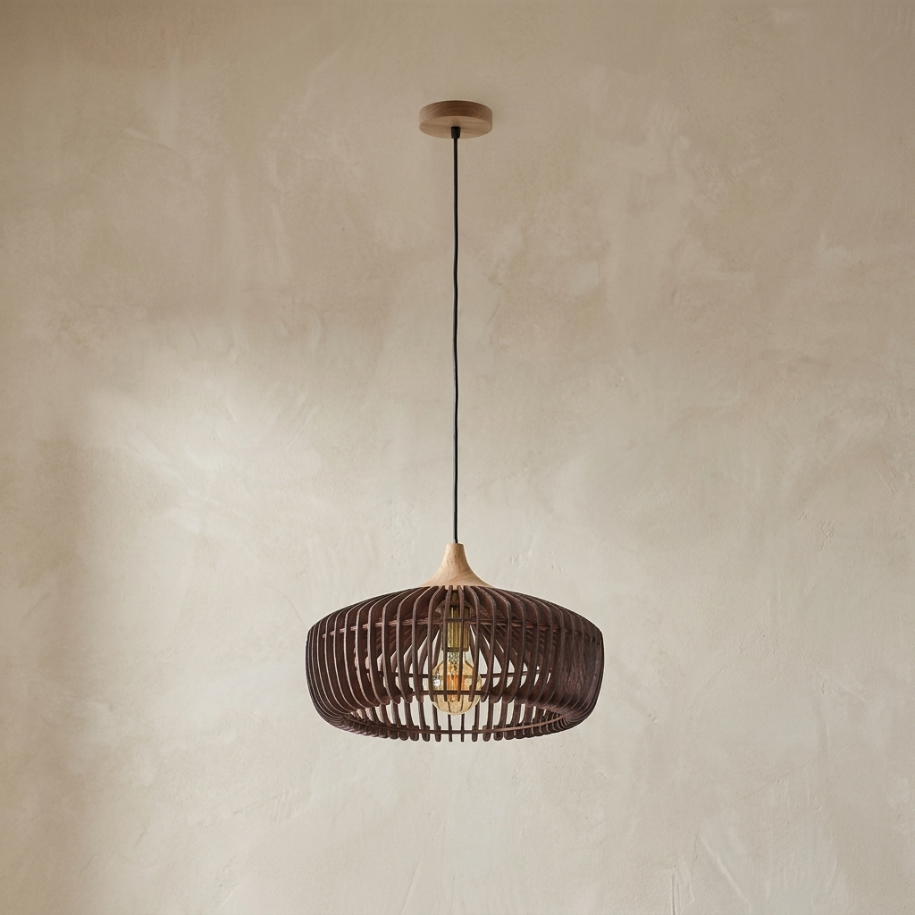 The Ridge, walnut ribbed dome pendant light against plaster wall — Selden Home product photography