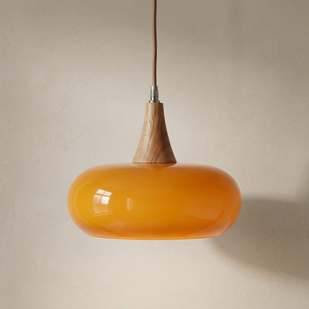 The Grove, close-up of wood cap and amber glass shade texture — Selden Home product photography