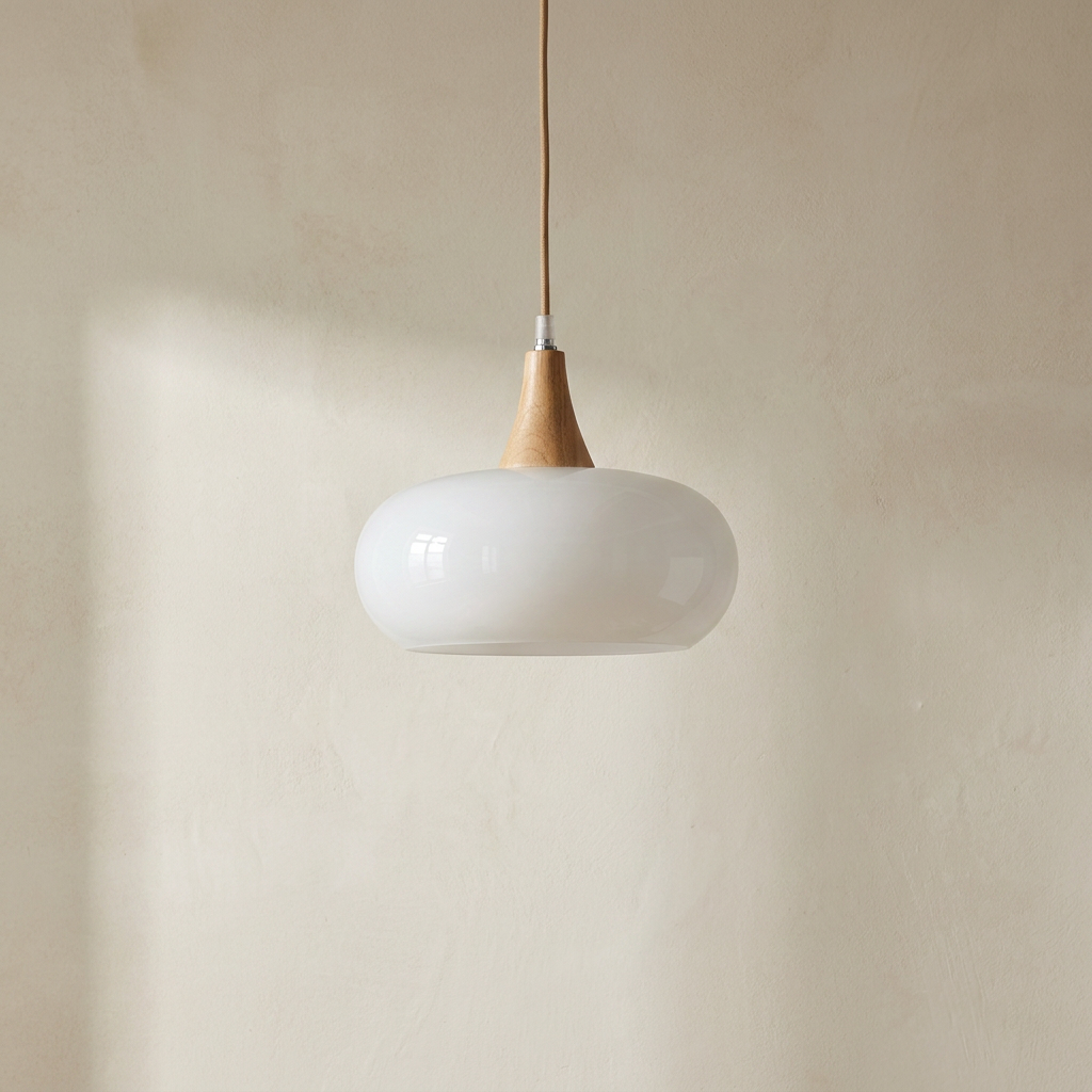 The Grove, wood and white glass pendant light, hanging against plaster wall — Selden Home product photography