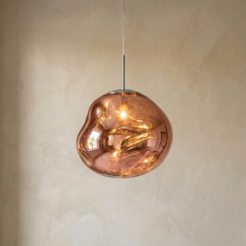 The Ember rose gold molten glass pendant light with chrome fittings, lit, in front of a lime-washed plaster wall — Selden Home product photography