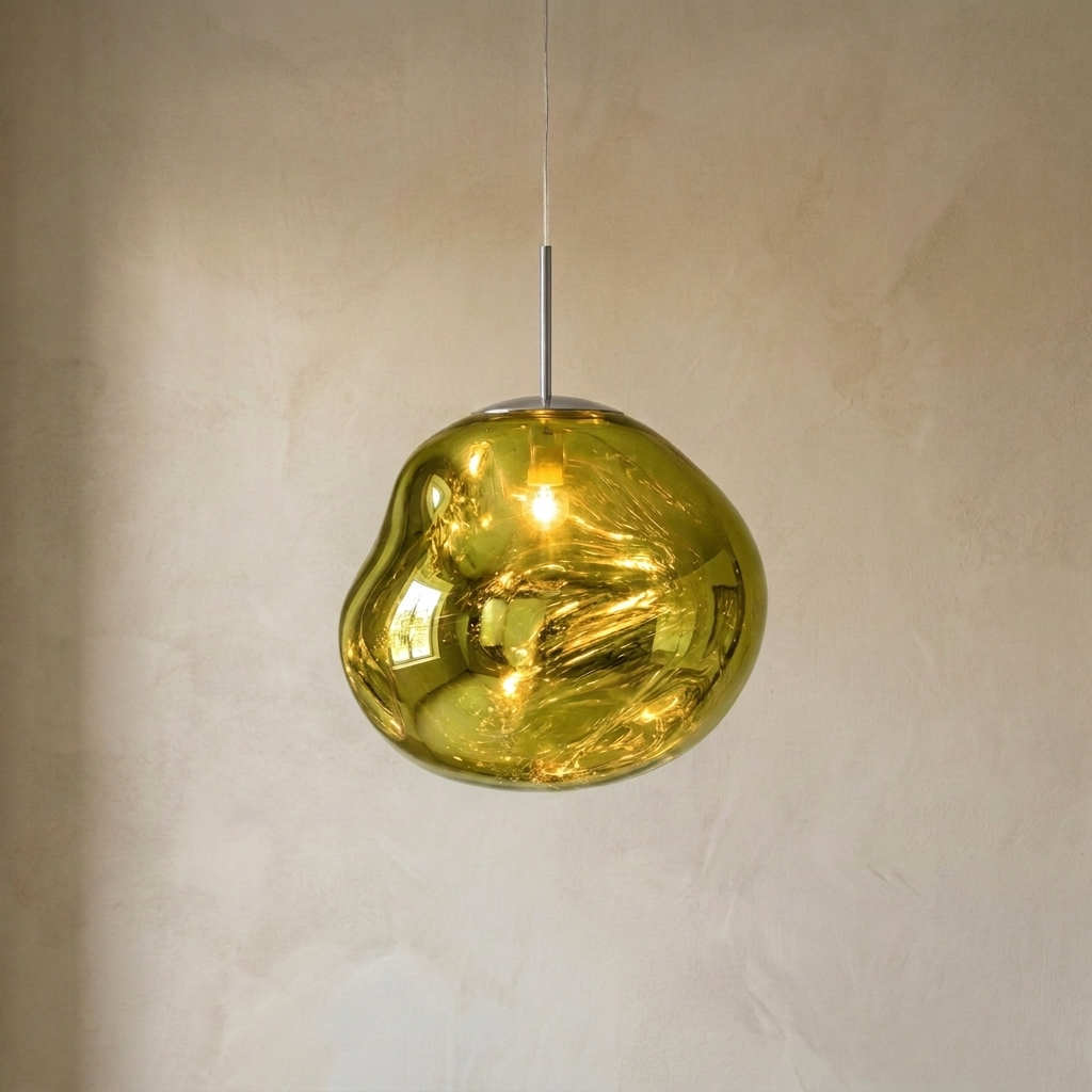 The Ember green molten acrylic pendant light with chrome fittings, lit, in front of a lime-washed plaster wall — Selden Home product photography
