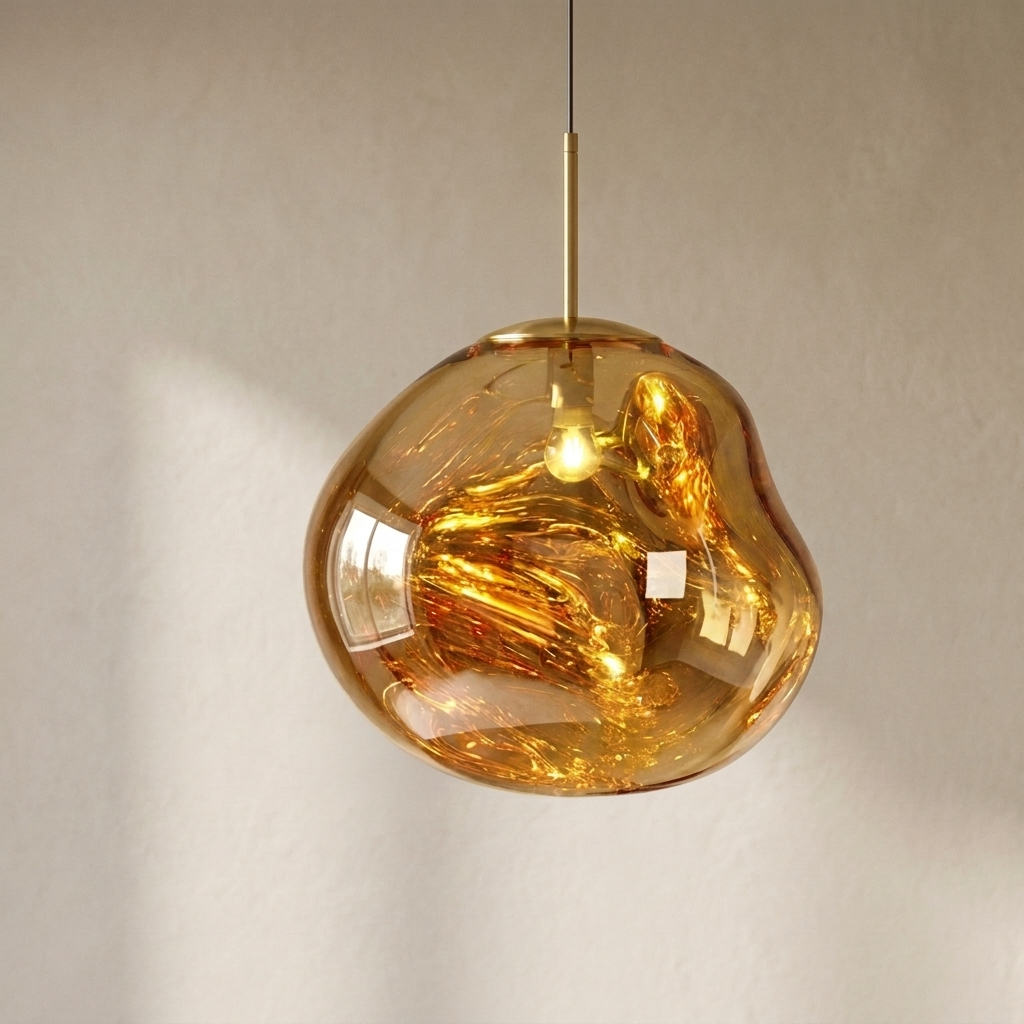 The Ember gold molten acrylic pendant light with brass fittings, lit, in front of a lime-washed plaster wall — Selden Home product photography