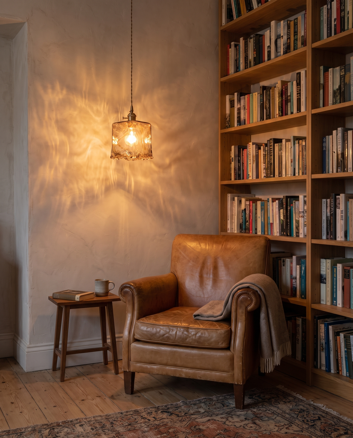 The Tumbler Pendant – Prism above a leather armchair in a reading corner