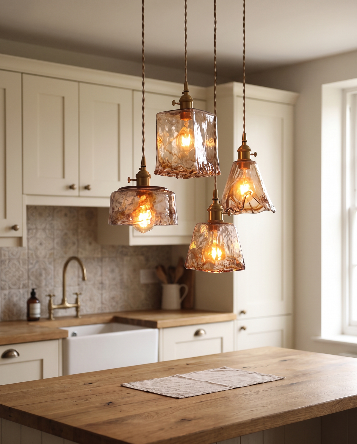 Four Tumbler amber glass pendants clustered over an oak kitchen island