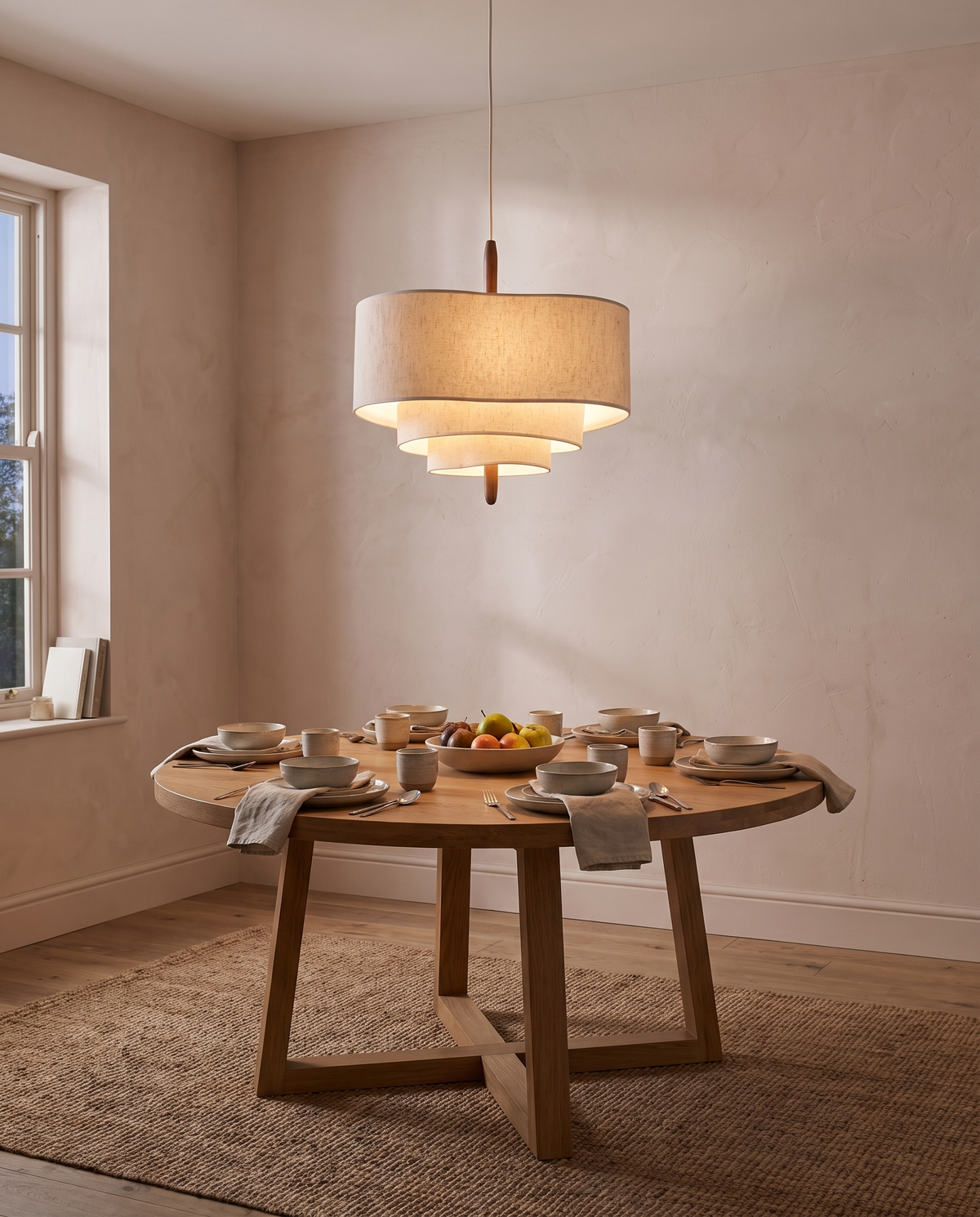 The Pagoda Pendant over a round oak dining table with clay-pink walls